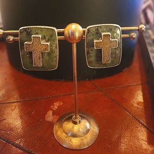 Darla N Variscite Petrified Palmwood Sterling Silver Earring Mexican Large Cross